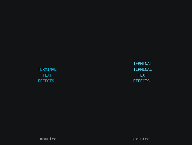 The same three words turn side by side: mounted on the left, where each letter stays upright and the order reverses on the back, and textured on the right, where the letters are resampled and shaded by the light